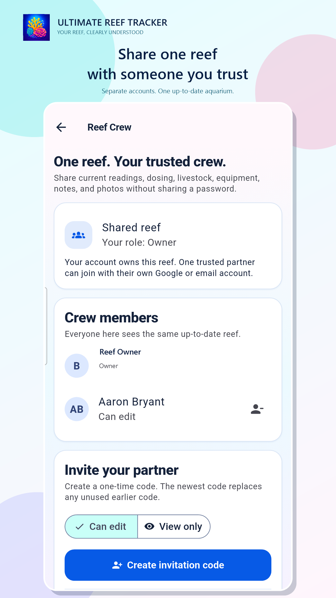 Reef Crew sharing with owner and editor roles